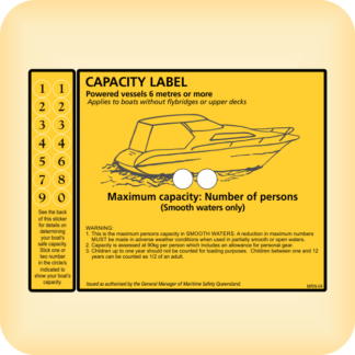 Capacity Label for Powered Vessels 6 metres or more.